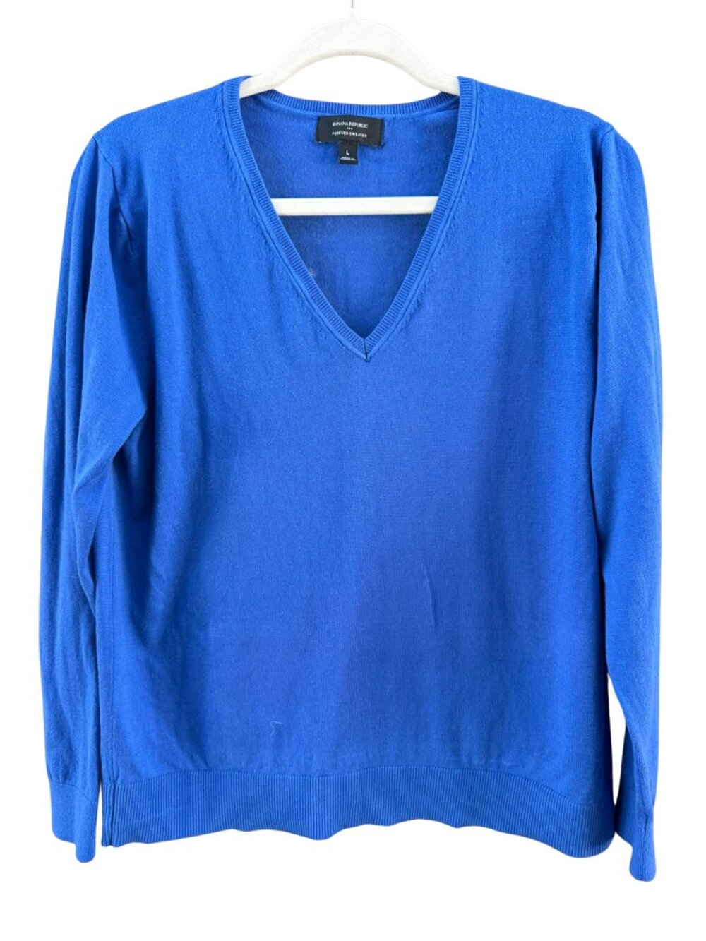 Banana Republic Forever Sweater Blue V-Neck Knit Pullover Large Cotton Blend